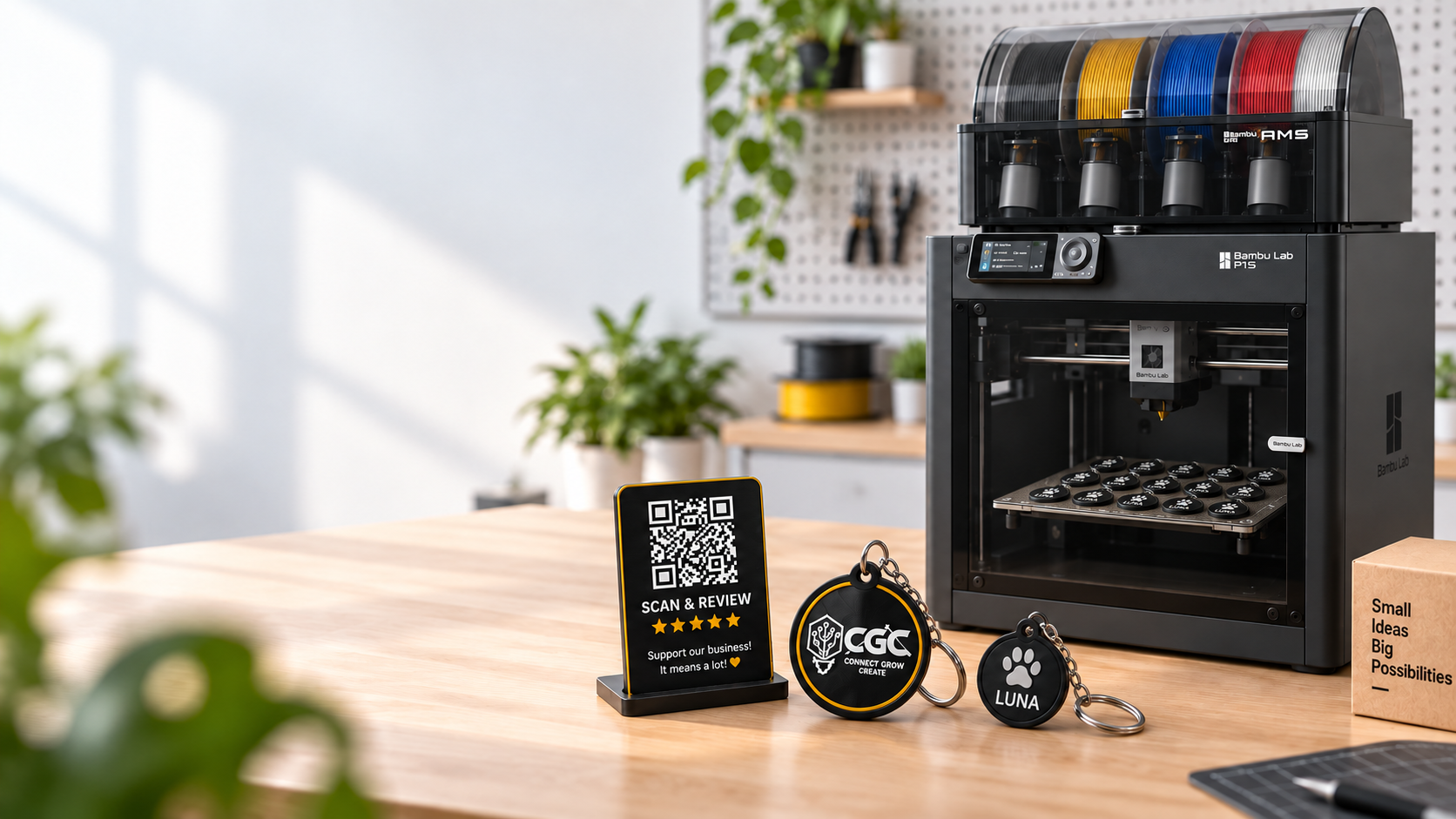3D printer with printed QR keychains and a table stand